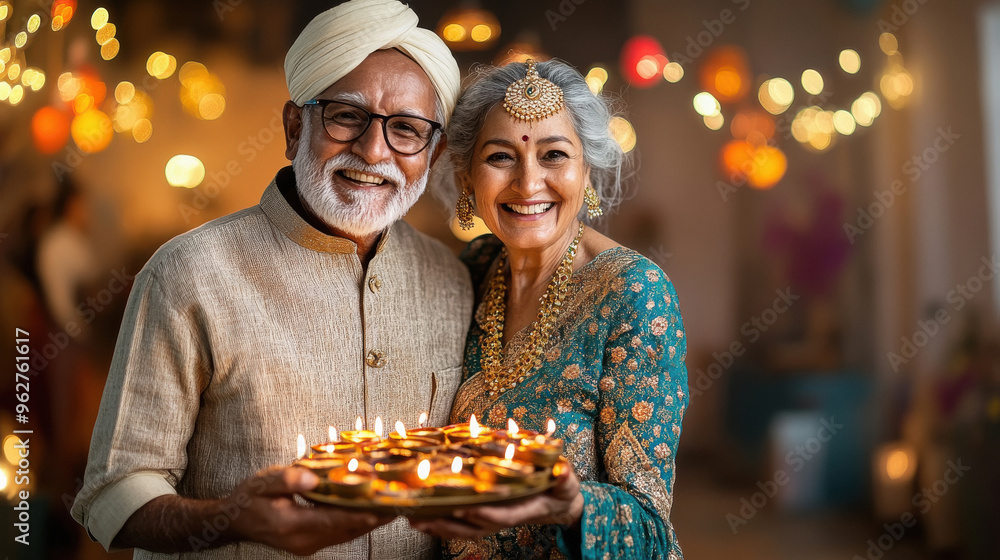 senior indian couple holding traditional burning oil lamps plate senior indian couple holding traditional burning oil lamps plate