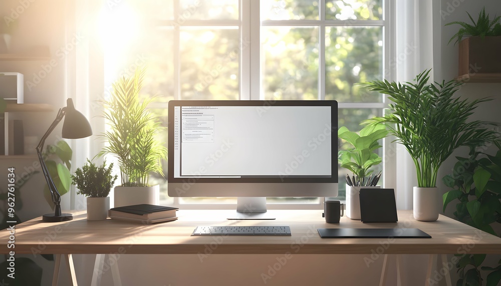 Modern Home Office Desk with Computer and Plants - 3D Illustration Modern Home Office Desk with Computer and Plants - 3D Illustration