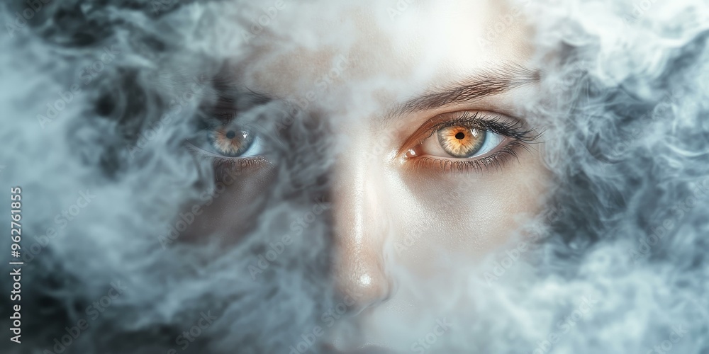 A close-up of an eye peering through smoke. A close-up of an eye peering through smoke.