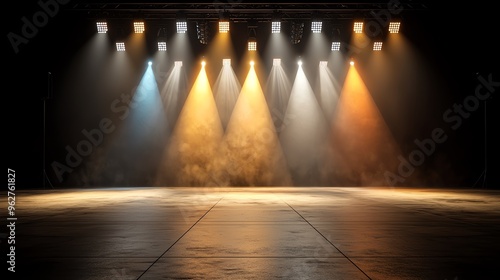 Rainbowcolored lights in vertical stripes, pulsating with intensity, vibrant and modern stage setup