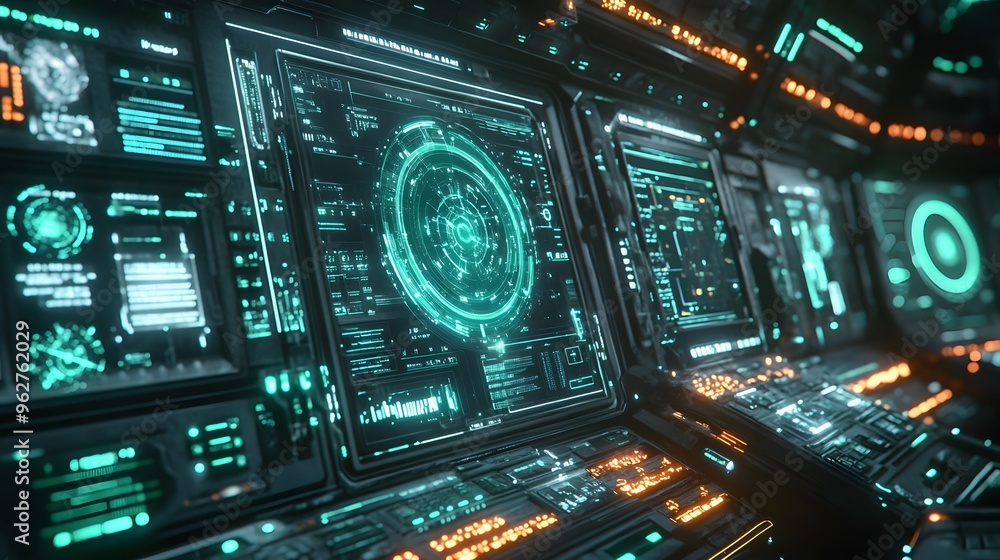 Fototapeta premium Futuristic Interface with Green and Orange Lights 3D Illustration