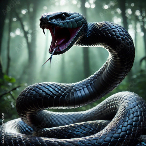 Menacing black snake in forest