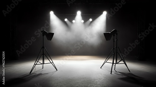 Spotlights creating a grid of light on the stage, monochrome, sharp contrasts, minimalist design