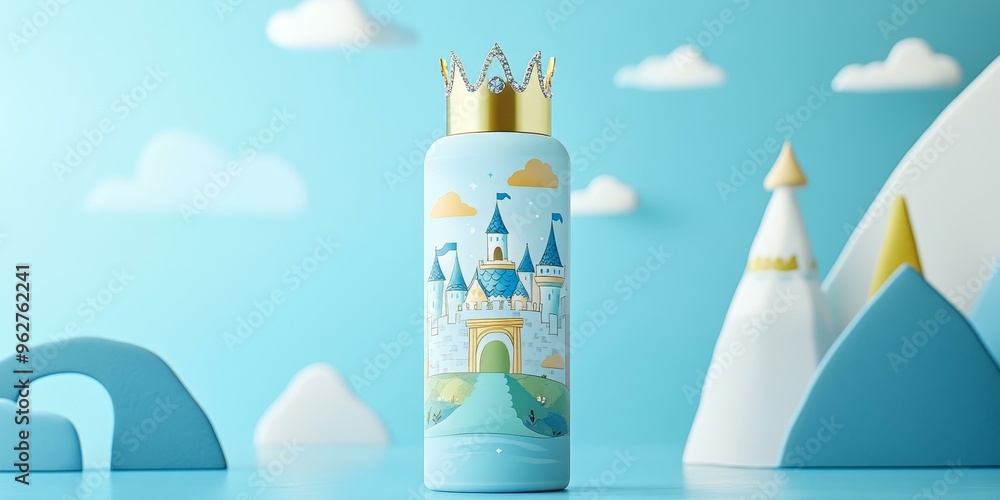 Blue castle-printed bottle with gold crown. Blue castle-printed bottle with gold crown.