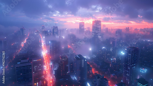 Cityscape Illustration at Night with Fog and Pink Sky