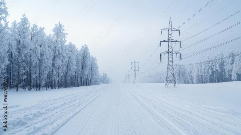 A serene winter landscape featuring snow-covered trees and power lines under a soft, misty sky. A serene winter landscape featuring snow-covered trees and power lines under a soft, misty sky.