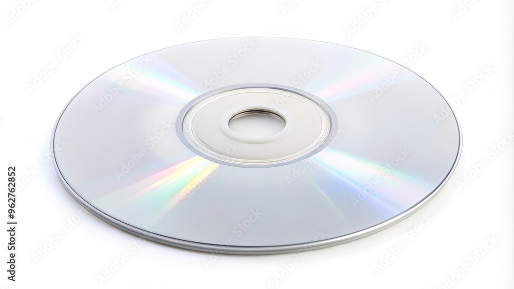 A solitary white optical disc is placed on a stark white background, showcasing its crisp, unadorned appearance and A solitary white optical disc is placed on a stark white background, showcasing its crisp, unadorned appearance and