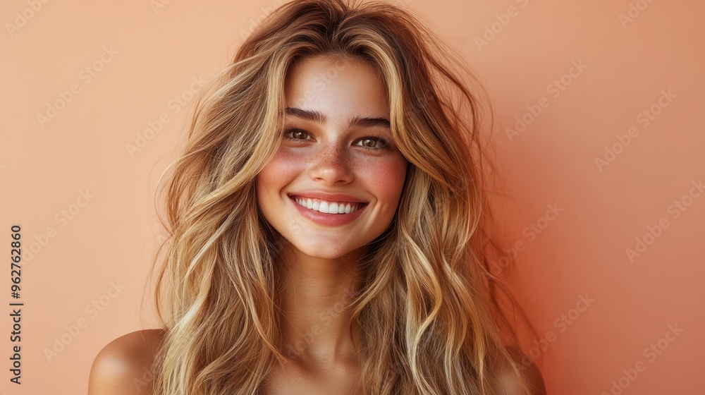 A young woman with long, wavy blonde hair and a radiant smile stands against a peach-colored background A young woman with long, wavy blonde hair and a radiant smile stands against a peach-colored background