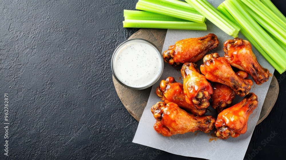 Juicy chicken wings glazed in spicy sauce served with celery sticks and a creamy dipping sauce on a dark background. Juicy chicken wings glazed in spicy sauce served with celery sticks and a creamy dipping sauce on a dark background.