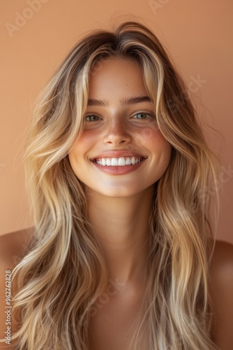 A young woman with long, wavy blonde hair smiles brightly against a warm, neutral background, exuding joy and confidence