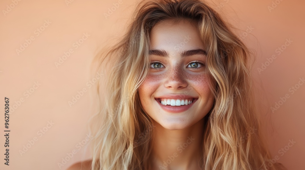 A young woman with wavy hair and freckles smiles brightly against a warm peach background, exuding joy and confidence A young woman with wavy hair and freckles smiles brightly against a warm peach background, exuding joy and confidence