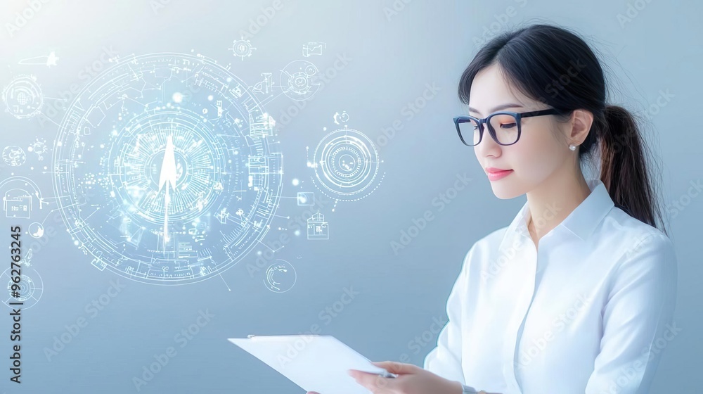 Young businesswoman using tablet with futuristic digital brain behind her. Young businesswoman using tablet with futuristic digital brain behind her.