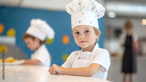 Two young girls in chef hats and aprons prepare food in the kitchen.