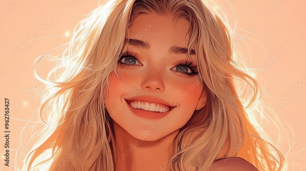 Fototapeta premium A cheerful young woman with long, flowing blonde hair and a bright smile against a soft, warm background, radiating positivity and joy.
