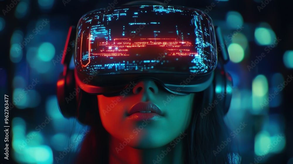 A close-up of a person wearing a VR headset, immersed in a digital world with neon lights and data visualization in the background A close-up of a person wearing a VR headset, immersed in a digital world with neon lights and data visualization in the background
