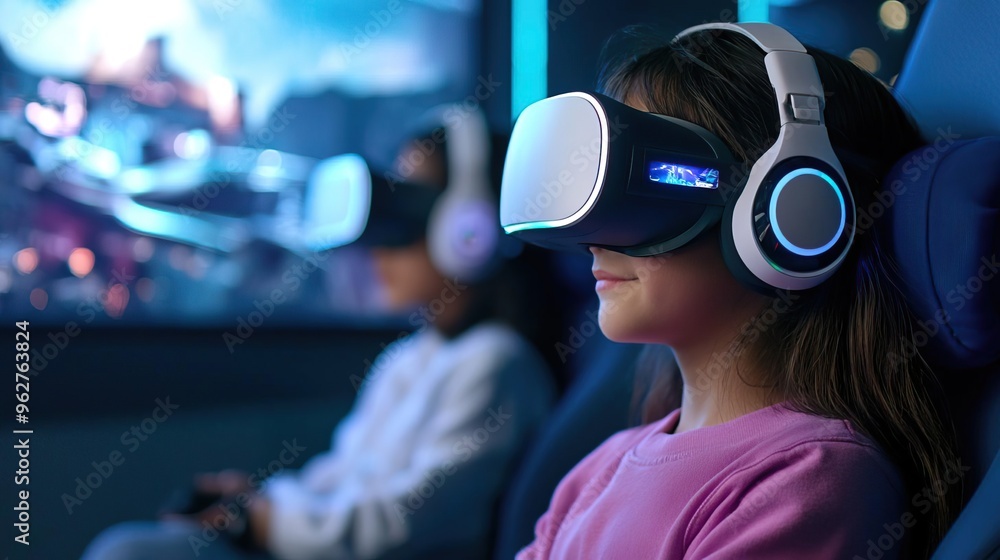Young woman wearing headphones focused on computer screen. Young woman wearing headphones focused on computer screen.