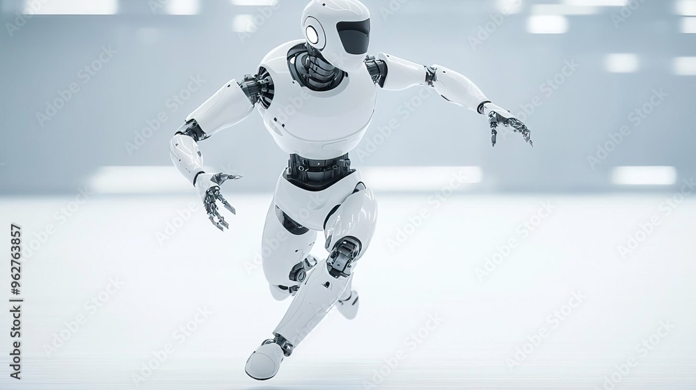 Fototapeta premium White humanoid robot with a blue eye, holding its hand up, against a blurred background.