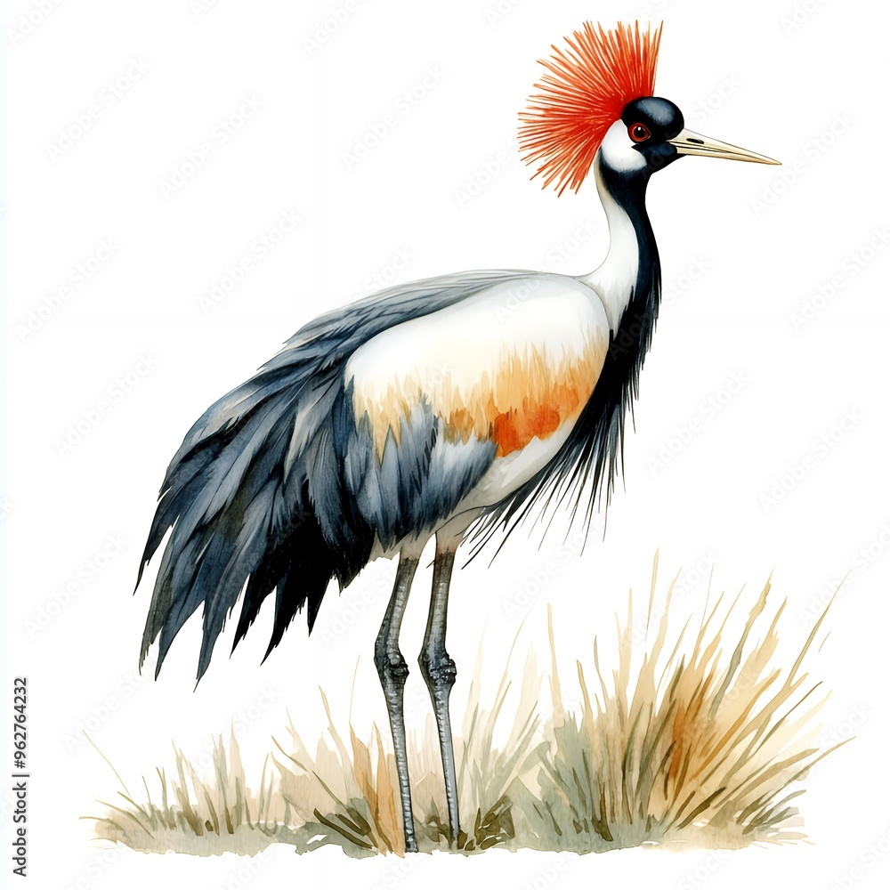Watercolor illustration of a grey crowned crane standing in grass. Watercolor illustration of a grey crowned crane standing in grass.