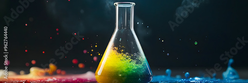 Chemical reaction in a flask with colorful bubbling liquid photo