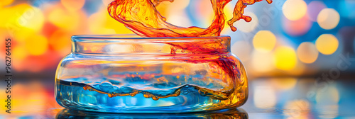 Chemical reaction in a flask with colorful bubbling liquid photo