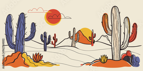 Colorful Desert Landscape with Cacti and Sunset