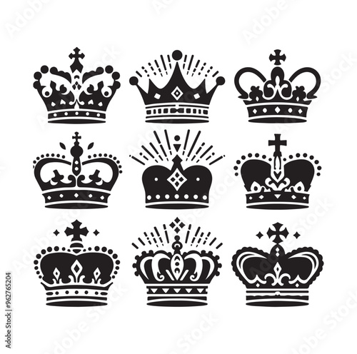 Kings crown icon set silhouette vector illustration