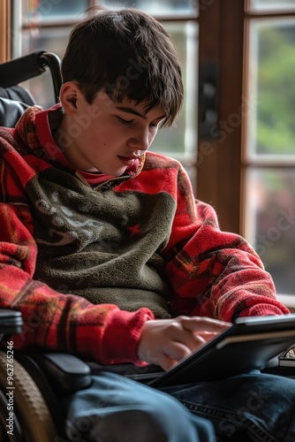 Caucasian teen with disabilities uses tablet computer for digital graphic design. Boy sits in wheelchair near window with natural light. He focuses on screen with concentration and creativity. photo