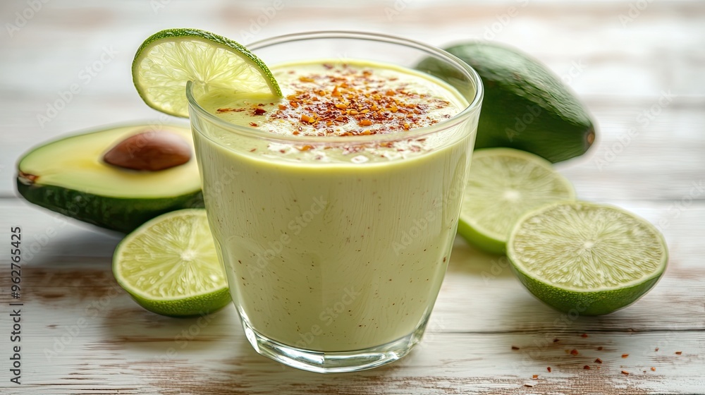 A refreshing avocado lime smoothie garnished with lime and spices. A refreshing avocado lime smoothie garnished with lime and spices.