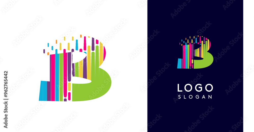 Colorful stripes transitioning into pixel-like elements fat logo template, letter B, abstract equalizer logotype for tech, creative studio, media, digital branding. Vector illustration Colorful stripes transitioning into pixel-like elements fat logo template, letter B, abstract equalizer logotype for tech, creative studio, media, digital branding. Vector illustration