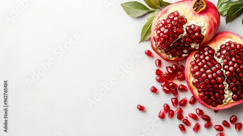 Freshly cut pomegranate showcasing vibrant red seeds and green leaves, perfect for healthy eating and natural food photography.