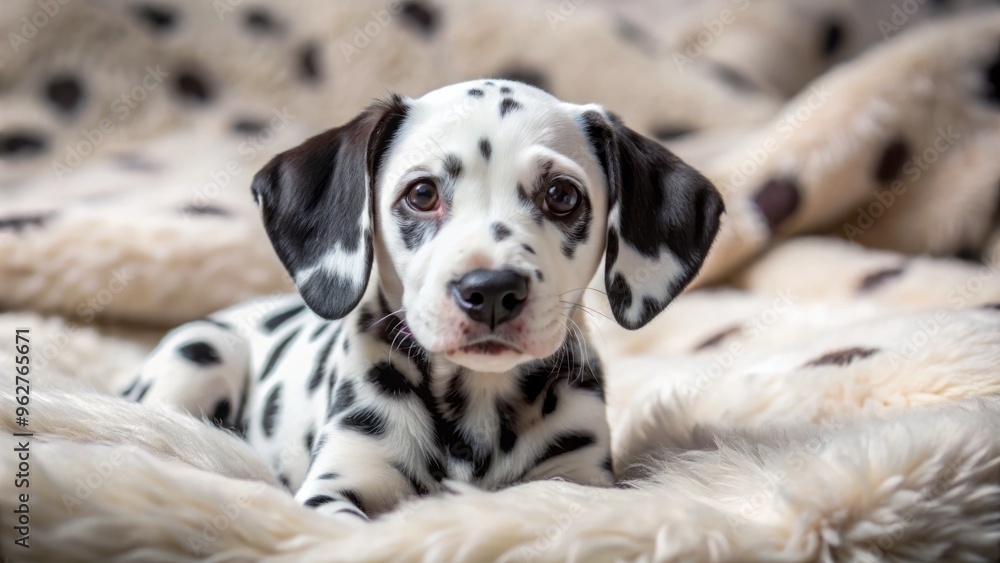 Adorable Dalmatian Puppy With Distinctive Black Spots Rests Contentedly On A Plush Blanket. Adorable Dalmatian Puppy With Distinctive Black Spots Rests Contentedly On A Plush Blanket.