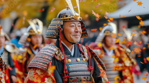 Jidai Matsuri, colorful parade with men and women dressed in elaborate Heian era clothing, samurai in shining armor marching in orderly rows, with falling autumn leaves and Japanese traditions photo