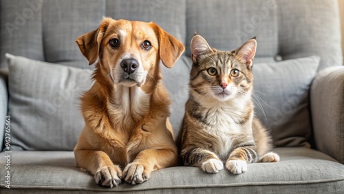 Adorable curious cat and playful dog sit side by side on a cozy couch, showcasing an unlikely yet heartwarming friendship between the two furry companions.