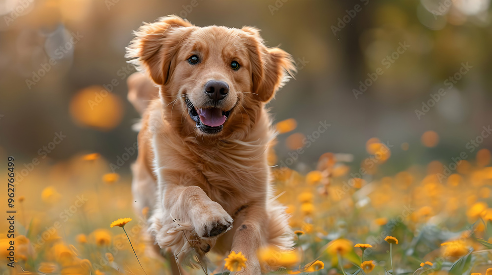 Golden Retriever Running Through a Field of Yellow Flowers - Photo Golden Retriever Running Through a Field of Yellow Flowers - Photo