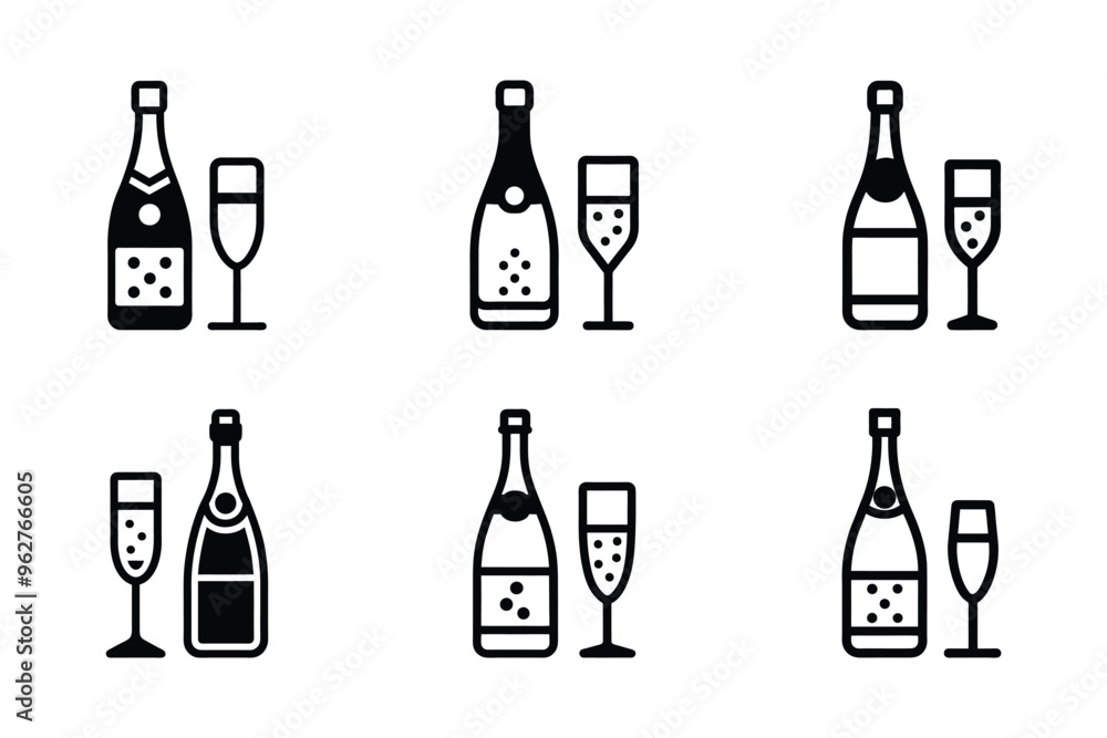 Champagne bottle and glasses icon bundle set design in vector style Champagne bottle and glasses icon bundle set design in vector style