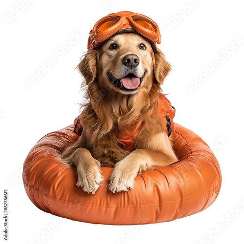 a Golden Retriever wearing a lifeguard’s outfit, isolated on white background.