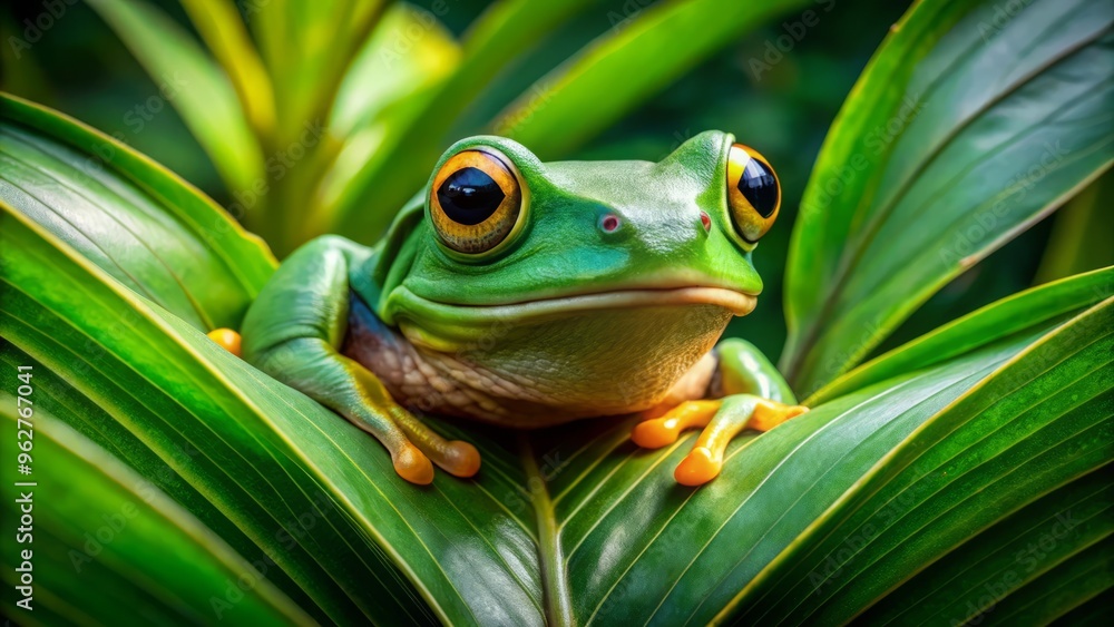 A green tree frog blends seamlessly into surrounding foliage, its vibrant eyes the only giveaway to its presence in the dense, leafy jungle undergrowth. A green tree frog blends seamlessly into surrounding foliage, its vibrant eyes the only giveaway to its presence in the dense, leafy jungle undergrowth.