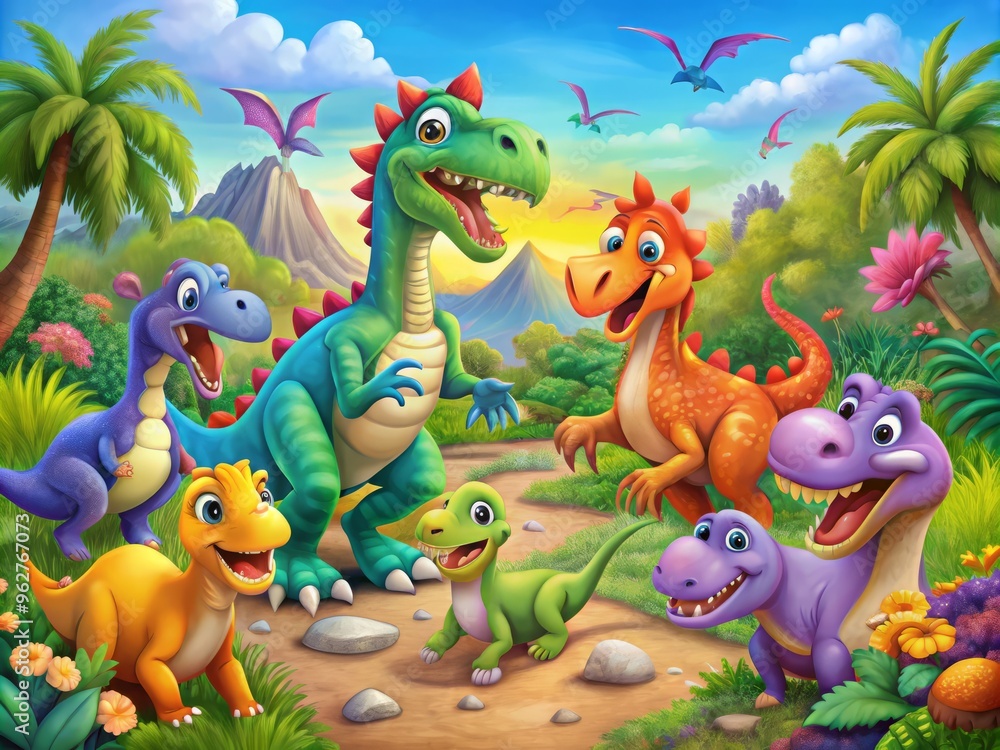 A Group Of Colorful Cartoon Dinosaurs Engaged In Various Playful Activities In A Vibrant And Imaginative Setting. A Group Of Colorful Cartoon Dinosaurs Engaged In Various Playful Activities In A Vibrant And Imaginative Setting.