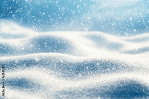 Winter snow background with snowdrifts, with beautiful light and snow flakes on the blue sky in the evening, banner format, copy space with generative ai