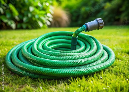 A Green Garden Hose Lies Coiled On A Lush Green Lawn, With A Spray Nozzle Attached At The