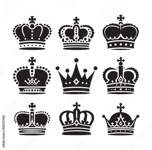 Kings crown icon set silhouette vector illustration