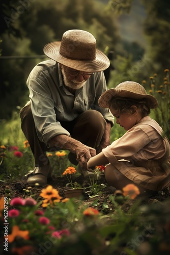 Elderly man and young girl plant flowers together in garden. They kneel among vibrant orange blooms, surrounded by lush green plants and trees. Man wears blue shirt, while girl dons pink dress. photo