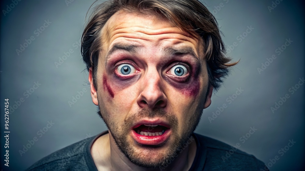 A humorous, exaggerated portrait of a person with a severely bruised and swollen eye, conveying a comical, relatable, A humorous, exaggerated portrait of a person with a severely bruised and swollen eye, conveying a comical, relatable,