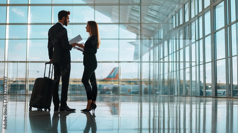 Fototapeta premium A professional couple stands in an airport, engaged in conversation. The modern architecture creates a sleek, business-friendly environment.