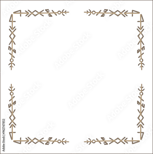 Elegant brown ornamental frame with Viking runes, decorative border, corners for greeting cards, banners, business cards, invitations, menus. Isolated vector illustration.	
