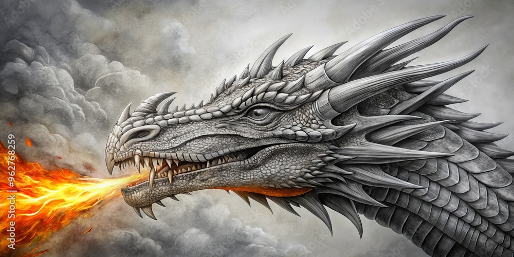 A majestic dragon's head emerges from swirling pencil sketches, its scales and fiery breath vibrantly rendered in A majestic dragon's head emerges from swirling pencil sketches, its scales and fiery breath vibrantly rendered in