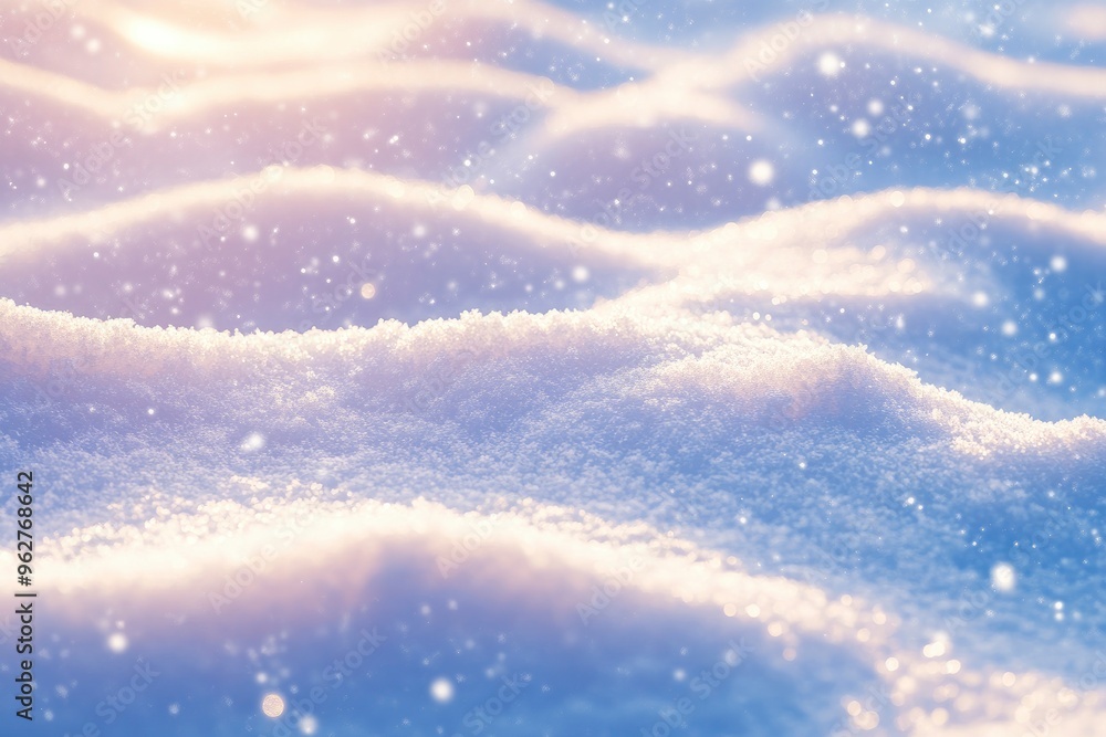 Winter snow background with snowdrifts, with beautiful light and snow flakes on the blue sky in the evening, banner format, copy space with generative ai Winter snow background with snowdrifts, with beautiful light and snow flakes on the blue sky in the evening, banner format, copy space with generative ai