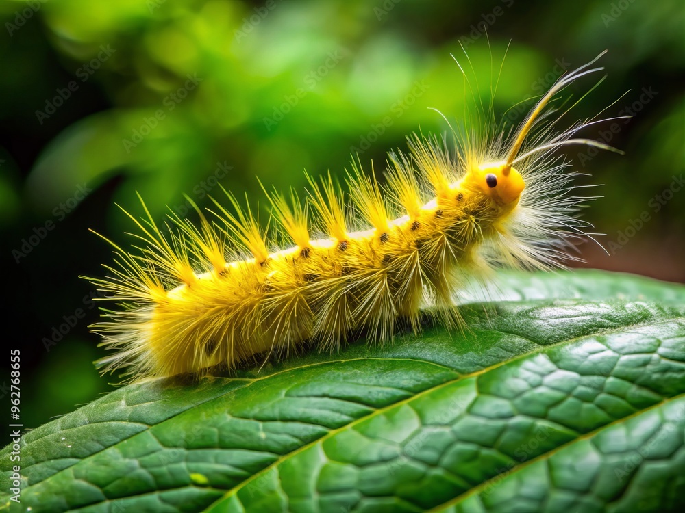Fototapeta premium A yellow caterpillar traverses a green leaf, its soft, hairy body glistening in the dappled light as it
