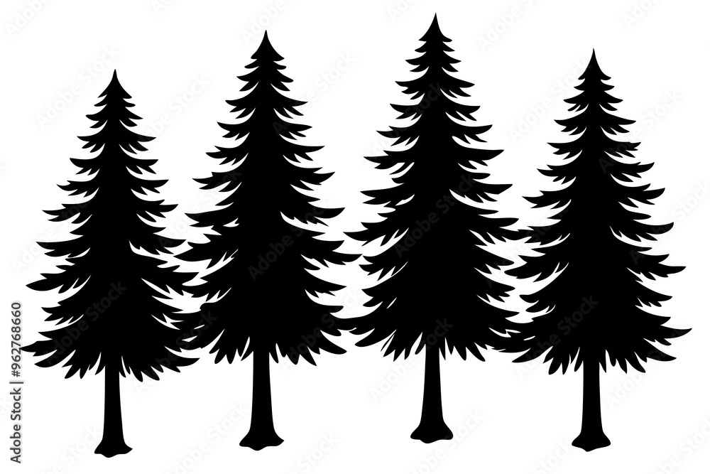 Fototapeta premium Silhouette of four pine trees. Can be used as poster, badge, emblem, banner, icon, decor...