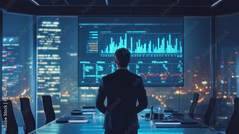 A businessman reviewing business success metrics on a glowing digital display in a high-tech boardroom A businessman reviewing business success metrics on a glowing digital display in a high-tech boardroom